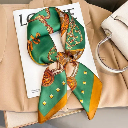 Luxury Design Print Silk Square Scarf Women Soft Satin Horse Hairband Neckerchief Office Hijab Headband Foulard Bag Ribbons Gift