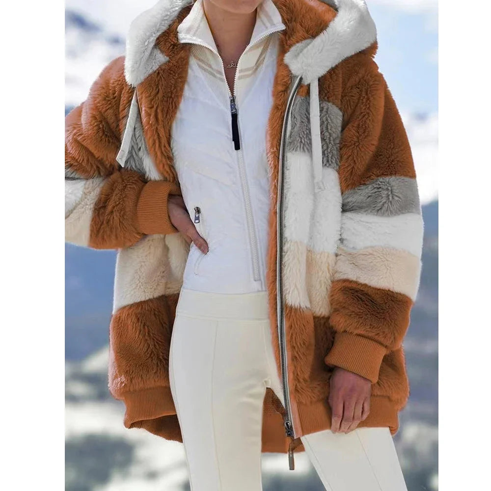 Winter Fashion Women's Coat 2025 Hooded Zipper Ladies Jacket Spliced Thick Cashmere Women Jacket Stitching Plaid Ladies Coats