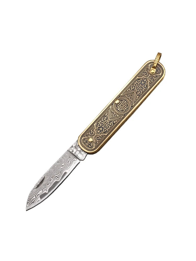 Grave Brass Handle Damascus Steel Unlocking Folding Blade Knife Outdoor Portable Pocket Survival Knife Hand Tools For Camping