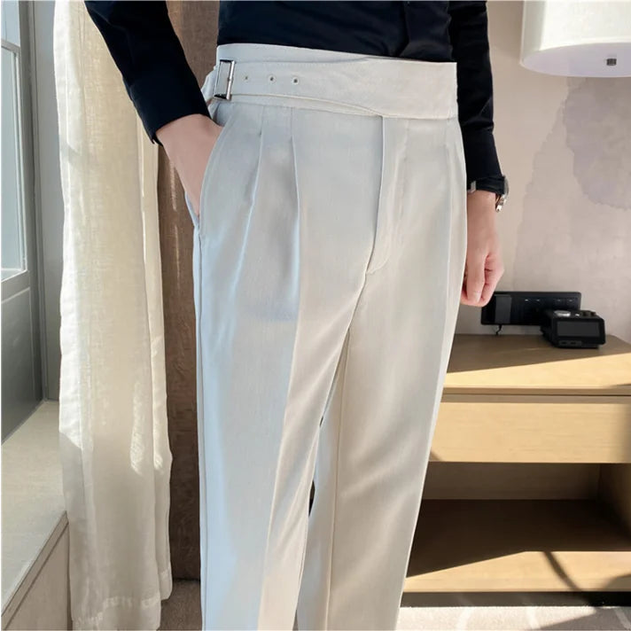 British Style Men High Waist Casual Dress Pant Men Belt Design Slim Trousers Formal Office Social Wedding Party Dress Suit Pants