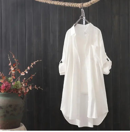 White Shirt Women 2024 Spring Summer Korean Fashion Simple Solid Color Long Shirts Lady Loose Breathable Midi Shirt and Blouse