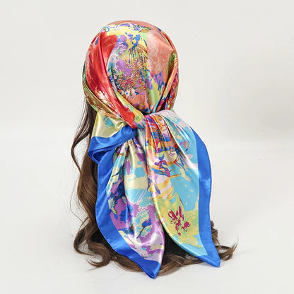 Satin Square Scarf Women Muslim Hijab Elegant 2023 Print Silk Neckerchief Shawl Wraps Headband Handle Hair Accessories Bandana