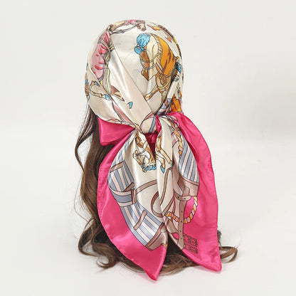 Satin Square Scarf Women Muslim Hijab Elegant 2023 Print Silk Neckerchief Shawl Wraps Headband Handle Hair Accessories Bandana