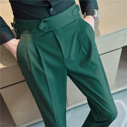 British Style Men High Waist Casual Dress Pant Men Belt Design Slim Trousers Formal Office Social Wedding Party Dress Suit Pants