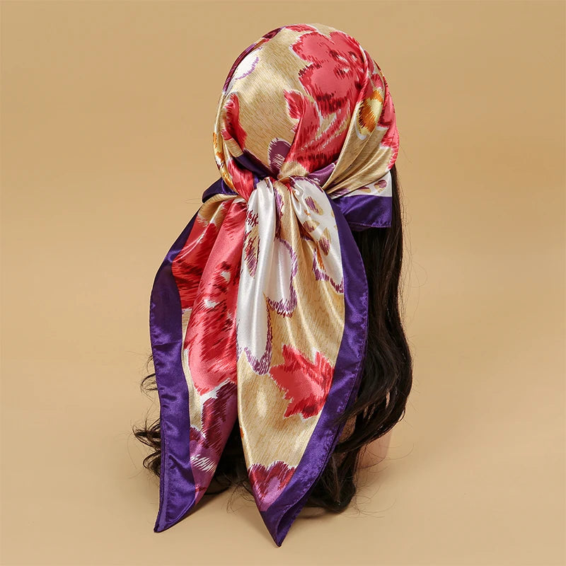 Satin Square Scarf Women Muslim Hijab Elegant 2023 Print Silk Neckerchief Shawl Wraps Headband Handle Hair Accessories Bandana