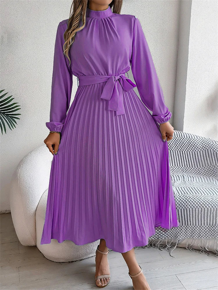 Msfilia Elegant Stand Collar Spring Summer Solid Long Dress Women Full Sleeve High Waist Design Pleated Dress