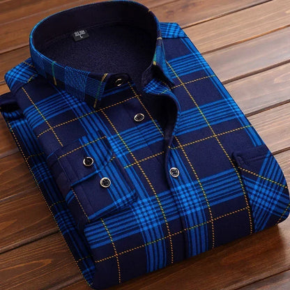 2024 Men's Winter Warm Long Sleeve Plaid Shirts Flannel Fur Lined Thick Formal Shirts Fleece Casual Shirt for Men Dress Shirts