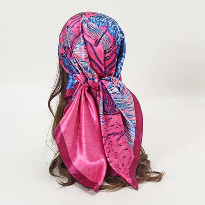 Satin Square Scarf Women Muslim Hijab Elegant 2023 Print Silk Neckerchief Shawl Wraps Headband Handle Hair Accessories Bandana