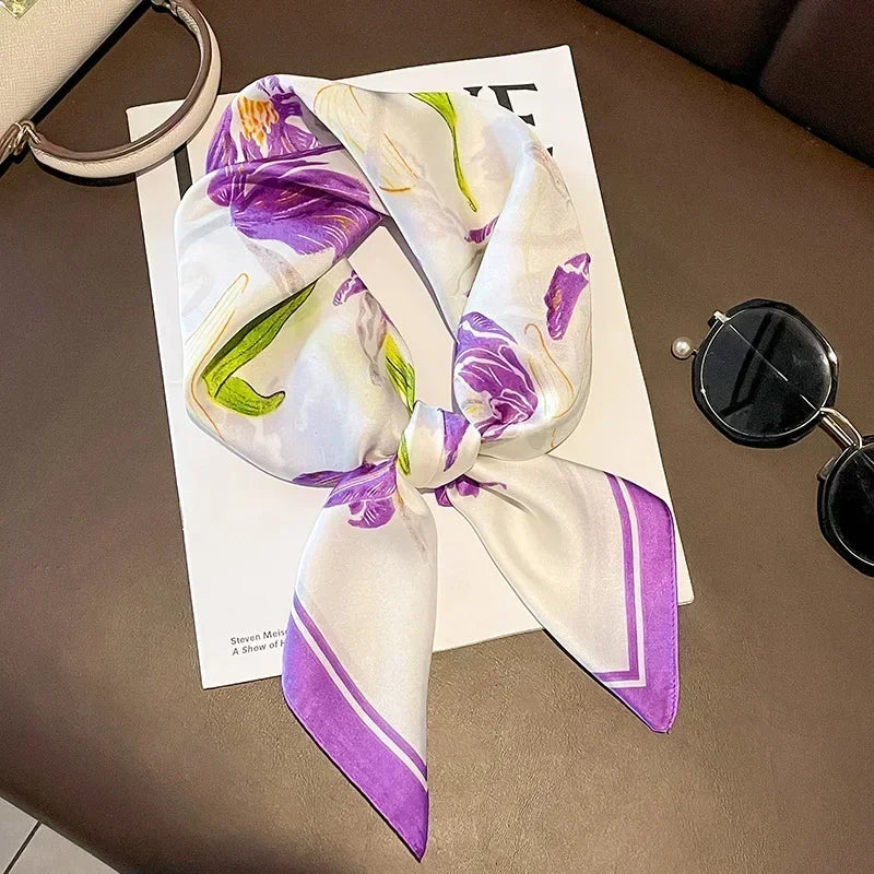 Luxury Design Print Silk Square Scarf Women Soft Satin Horse Hairband Neckerchief Office Hijab Headband Foulard Bag Ribbons Gift