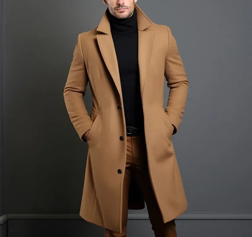 Gentleman's Casual Woolen Coat for Autumn and Winter, Single-breasted Lapel Warm Coat for European and American Young Men S-XXL