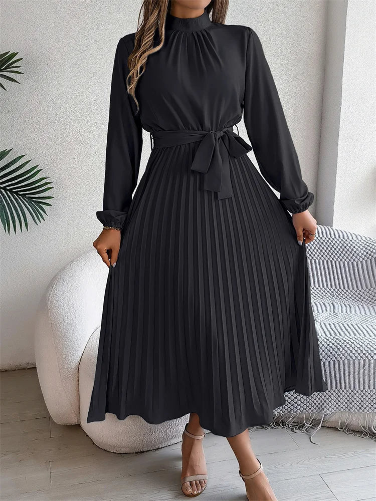 Msfilia Elegant Stand Collar Spring Summer Solid Long Dress Women Full Sleeve High Waist Design Pleated Dress