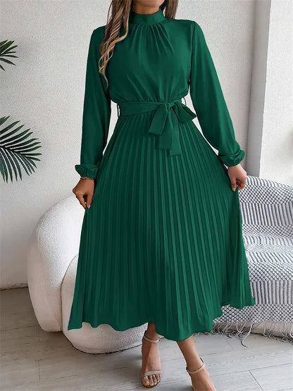 Msfilia Elegant Stand Collar Spring Summer Solid Long Dress Women Full Sleeve High Waist Design Pleated Dress