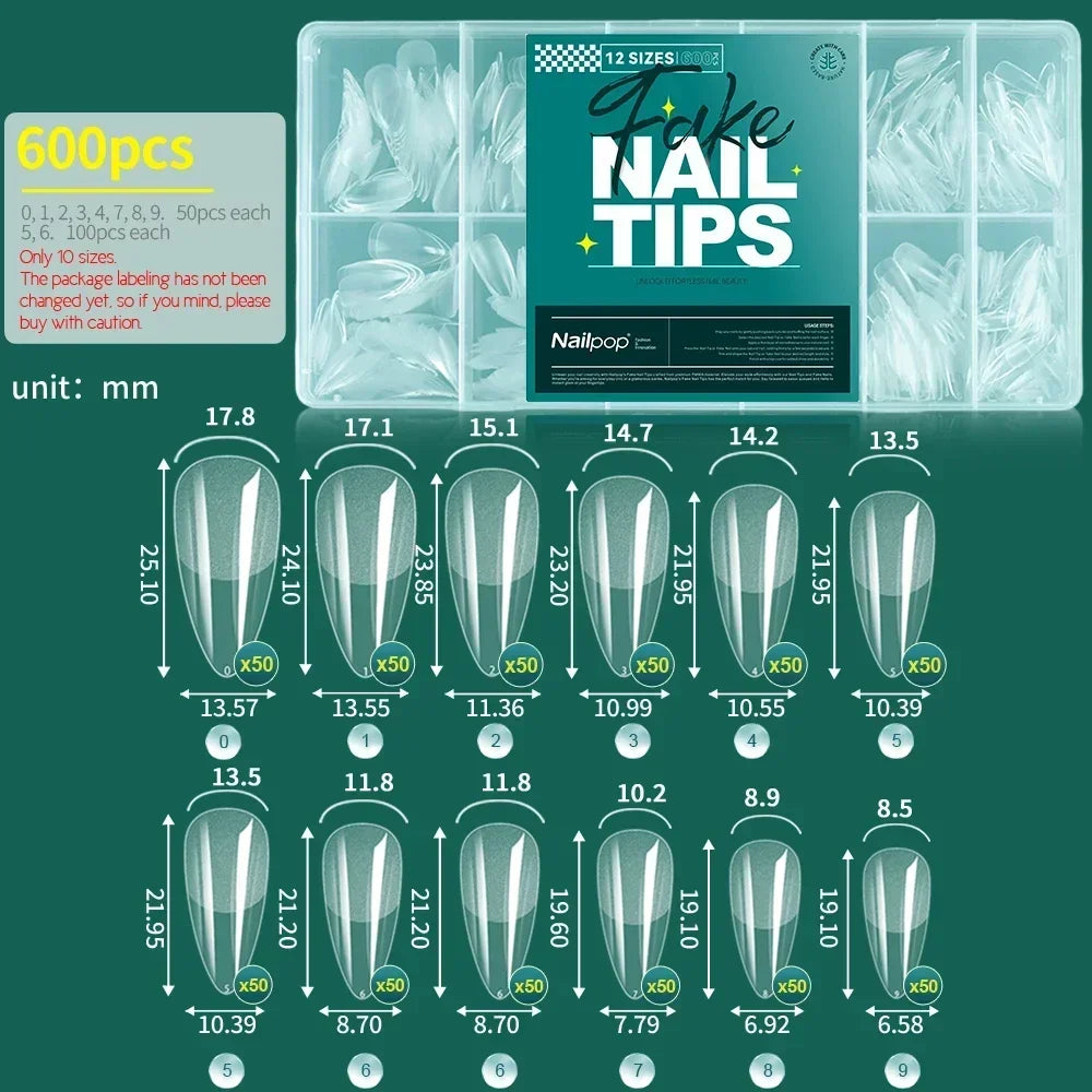 NAILPOP Soft Gel Nail Tips 600PCS Pre-Buff Full Cover Coffin Almond  Oval Shaped Nail Extenison Tips Half Matte Gel X Fake Nails